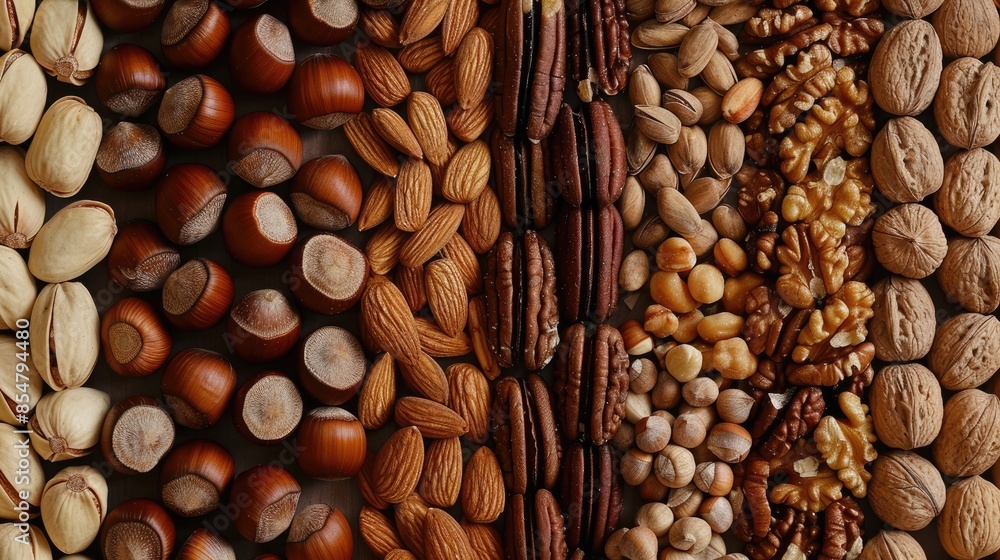 Variety of nuts lined up together in a close up shot Assortment of nut textures displayed Variety of nuts lined up together in a close up shot Assortment of nut textures displayed