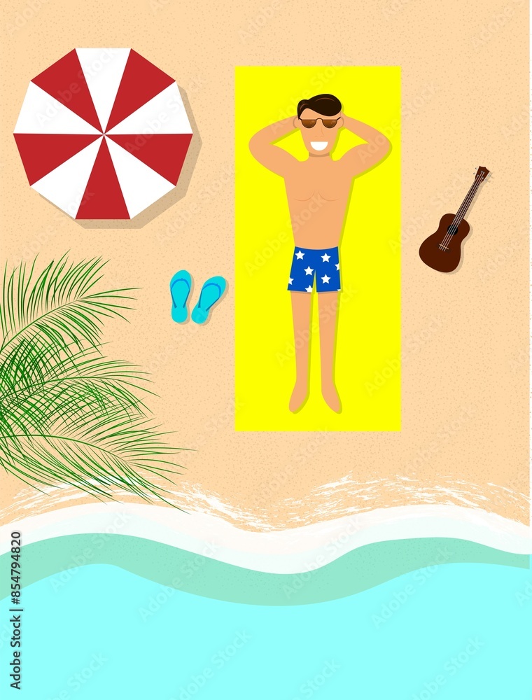 Happy Man Sunbathing with Ukulele and Umbrella on Beach. Summer vacation and leisure time concept illustration Happy Man Sunbathing with Ukulele and Umbrella on Beach. Summer vacation and leisure time concept illustration