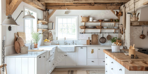Cozy modern kitchen with a rustic touch. Wooden beams on the ceiling, farmhouse sink, and reclaimed wood countertops. White cabinets, open shelving, and vintage-style light fixtures. © AI_images