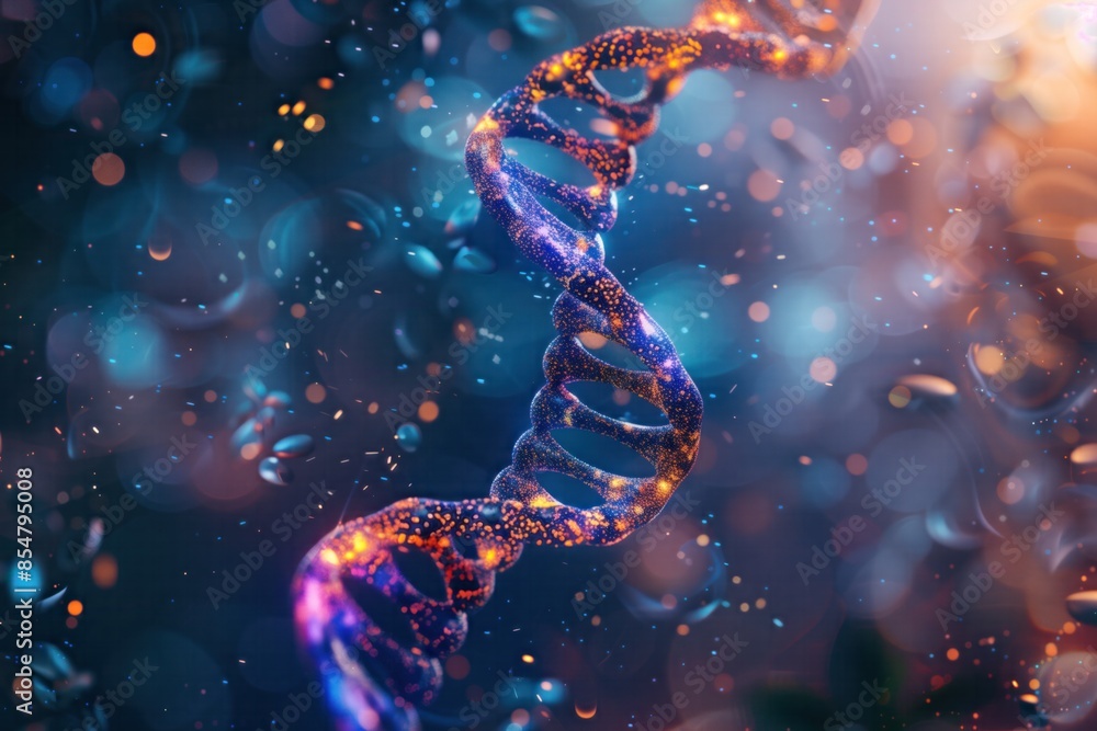 Colorful DNA helix with glowing particles on blurred background. Digital illustration of genetic science and biotechnology. Design for poster, banner, wallpaper. Colorful DNA helix with glowing particles on blurred background. Digital illustration of genetic science and biotechnology. Design for poster, banner, wallpaper.