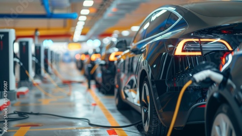 Wallpaper Mural A row of electric cars are plugged in and charging in a garage. The image focuses on the rear of a black car with a yellow charging cable. Torontodigital.ca