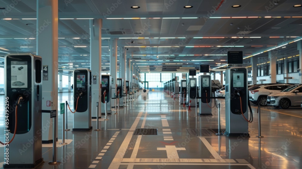 Inside an electric vehicle charging station, rows of clean, well-lit charging stations are seen connected to parked electric vehicles. The floor has clear navigation markings. Inside an electric vehicle charging station, rows of clean, well-lit charging stations are seen connected to parked electric vehicles. The floor has clear navigation markings.