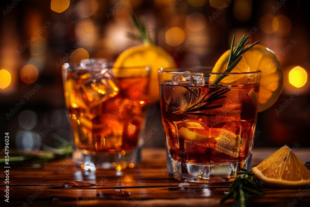 Mixed Drinks on Counter - Whiskey-Cola, Cuba Libre with Ice, Lemon, Rosemary, and Orange Slices Mixed Drinks on Counter - Whiskey-Cola, Cuba Libre with Ice, Lemon, Rosemary, and Orange Slices