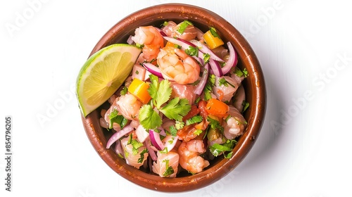 A top view of Ceviche isolated white background, studio light for focused advertising