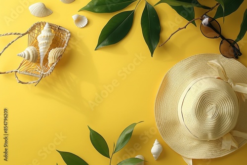 Straw Hat, Eco-Friendly Wicker Bag, Sunglasses - Yellow Background with Space for Text