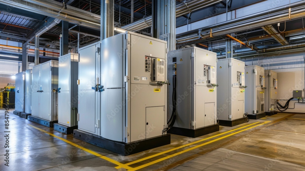 A row of large electrical cabinets with warning labels and wiring, situated in an industrial facility. The cabinets appear to be part of a power distribution system. A row of large electrical cabinets with warning labels and wiring, situated in an industrial facility. The cabinets appear to be part of a power distribution system.