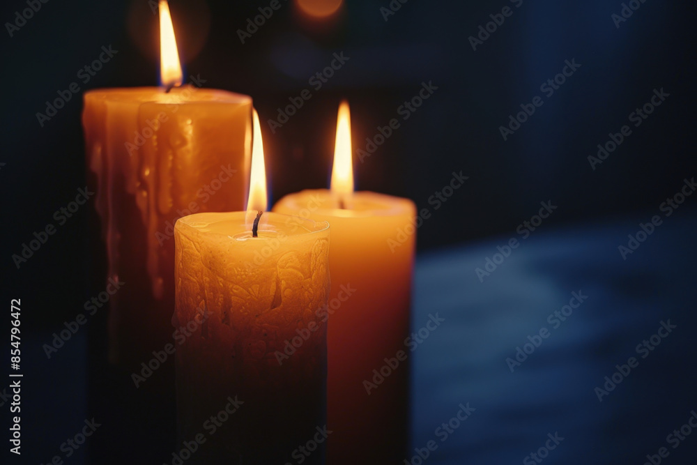 Three candles are burning, creating a romantic ambiance with their warm, flickering light Three candles are burning, creating a romantic ambiance with their warm, flickering light