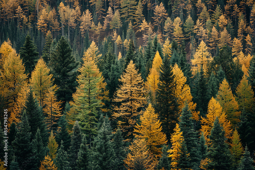Autumn Colors Intermixed with Evergreen Pine Trees on Clear Day Autumn Colors Intermixed with Evergreen Pine Trees on Clear Day