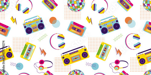 90s retro elements. Seamless pattern with tape recorder, audio tape, headphones and disco ball. Aesthetics of the 90s