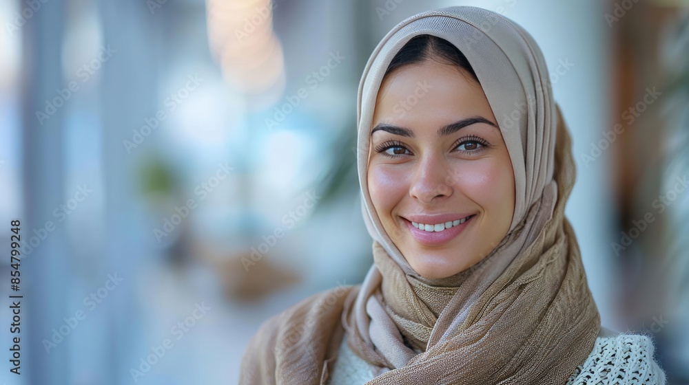 Portrait of a Smiling Woman in Hijab with Soft Background Lighting Portrait of a Smiling Woman in Hijab with Soft Background Lighting