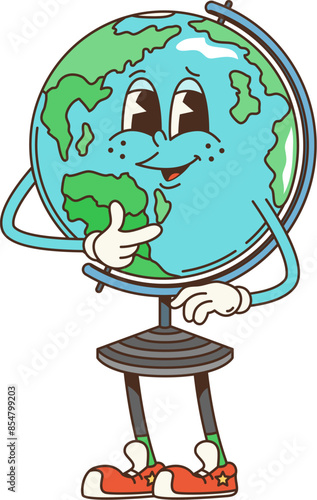 Retro groovy school earth globe character. Isolated vector earth planet, geographical map, teacher personage exudes friendly and educational vibe, engaging young learners in geography science with fun