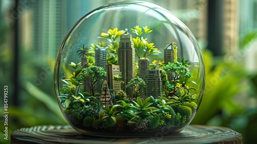 Miniature Cityscape Within a Glass Terrarium on Wooden Surface