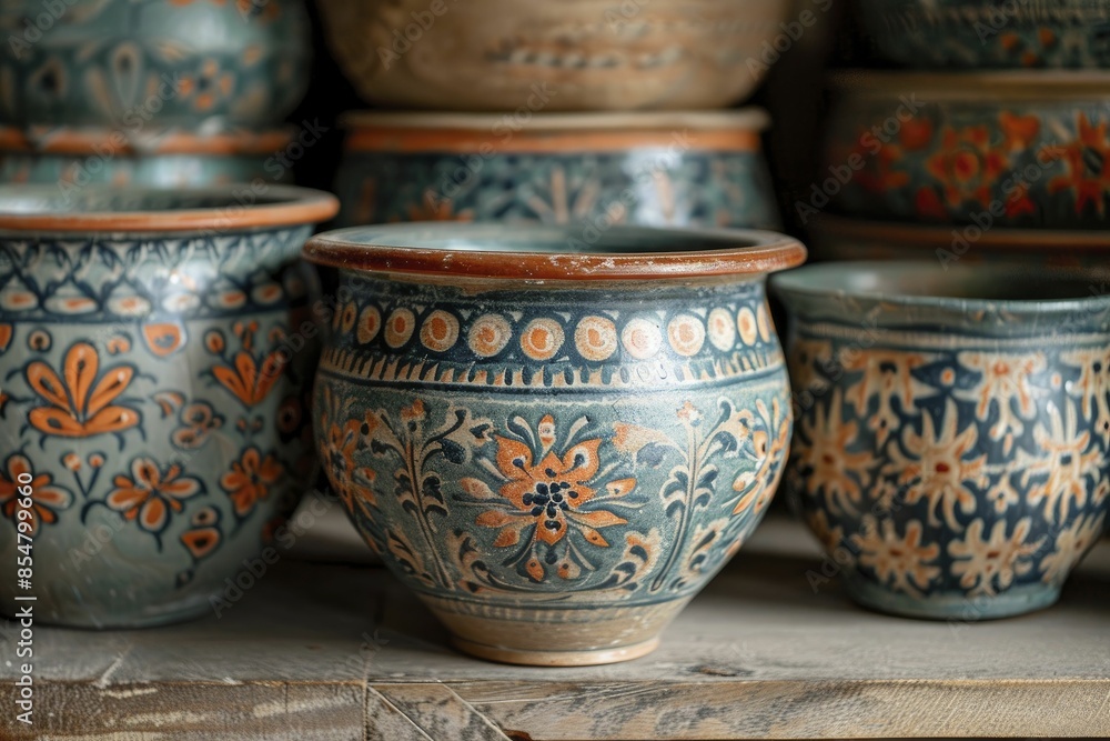 Newborn Mediterranean pottery in a close-up reveals intricate designs Newborn Mediterranean pottery in a close-up reveals intricate designs