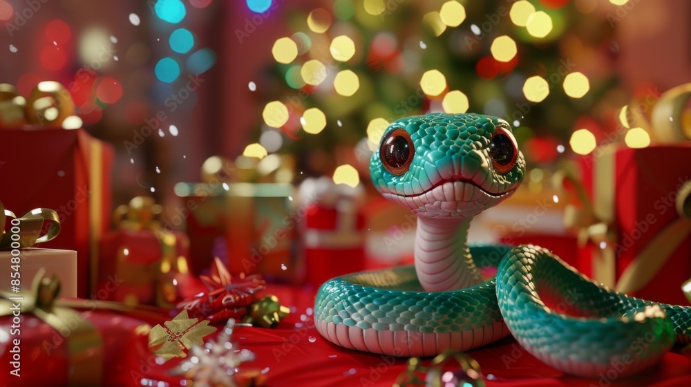 Festive Holiday Scene with Cute Toy Snake, Generative AI Festive Holiday Scene with Cute Toy Snake, Generative AI