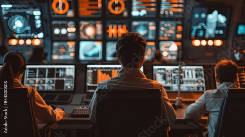 Group of People in Mission Control Center Witness Successful Space Rocket Launch. Flight Control Employees Sit in Front Computer Displays and Monitor the Crewed Mission. Team Stand Up and Clap Hands.