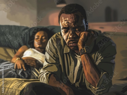 A black man in his thirties is sitting on the couch, holding his hand to his chin with a worried expression and looking at his smartwatch while his wife sleeps in a blurred background 