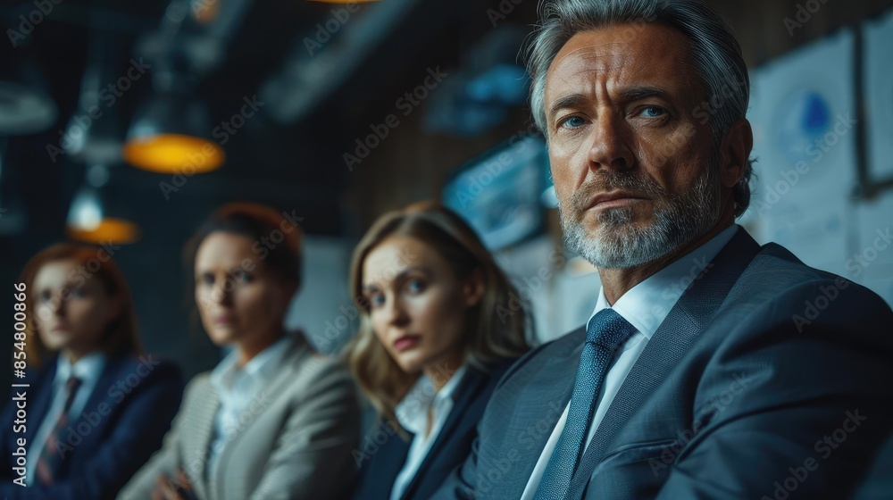 Business team facing uncertainty, high-pressure decision-making, recession impact, tense environment Business team facing uncertainty, high-pressure decision-making, recession impact, tense environment