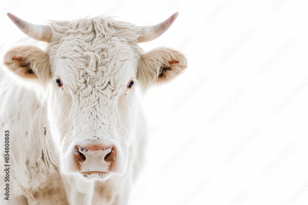 Mystic portrait of Charolais Cow standing in white studio, copy space on right side, Anger, Menacing, Headshot, Close-up View isolated on white background Mystic portrait of Charolais Cow standing in white studio, copy space on right side, Anger, Menacing, Headshot, Close-up View isolated on white background