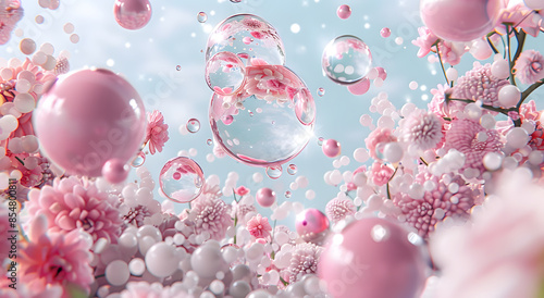 Transparent bubble on blue sky with pastel pink colour of flower blosoom 
