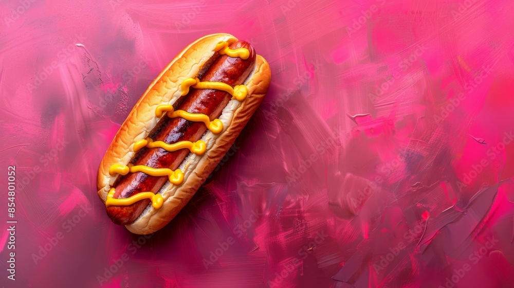 Classic Hotdog: A top view of a classic hotdog , isolated on a pink surface. Classic Hotdog: A top view of a classic hotdog , isolated on a pink surface.
