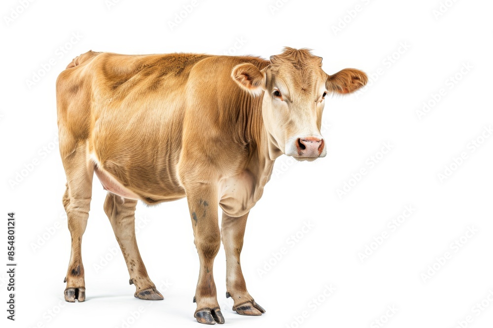 the beside view Limousin Cow standing, left side view, white copy space on right isolated on white background the beside view Limousin Cow standing, left side view, white copy space on right isolated on white background