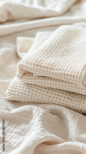 neatly stacked clean towels on a bed, including a checkered patterned towel and a white knit blanket, with a soft pillow against a simple backdrop.