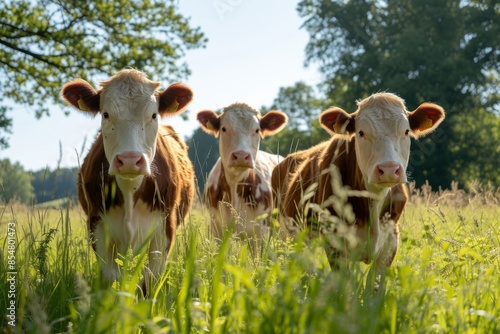 View from beside body of a three Simmental Cow standing on grass, Awe-inspiring, Full body shot ::2 low Angle View