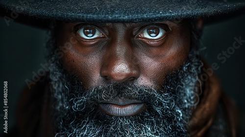 A close-up portrait of a man wearing a hat, with a graying beard and intense green eyes