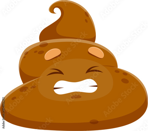 Cartoon poop emoji with a swirl top and funny face expression. Isolated vector brown poo excrement with spotted texture. Mad feces personage gritting teeth, anxious emotion of frustration or annoyance
