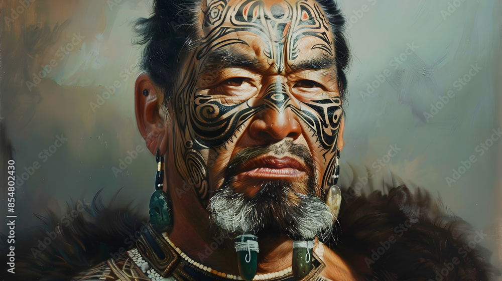Painting of a Māori chief with intricate facial tattoos and a greenstone pendant.
Painting of a Māori chief with intricate facial tattoos and a greenstone pendant.