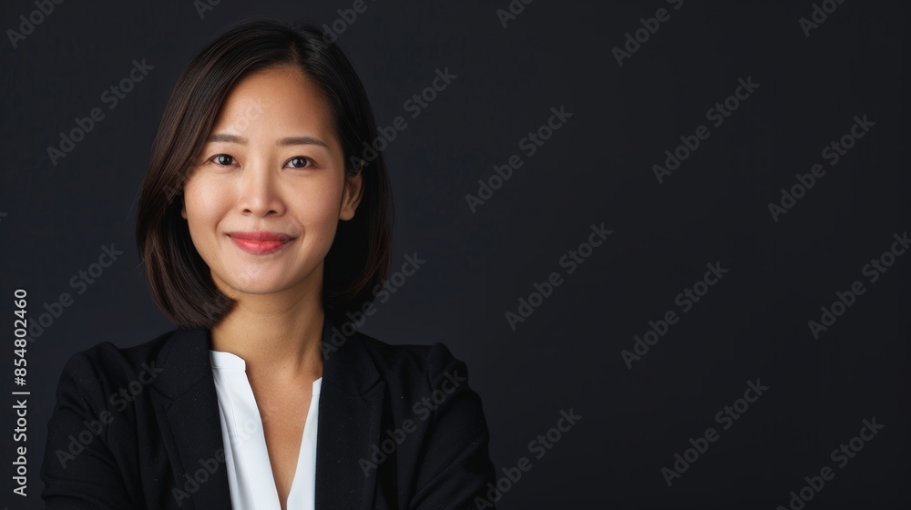 Confident Asian businesswoman in black suit with arms crossed, smiling on dark background.corporate, leadership themes Confident Asian businesswoman in black suit with arms crossed, smiling on dark background.corporate, leadership themes