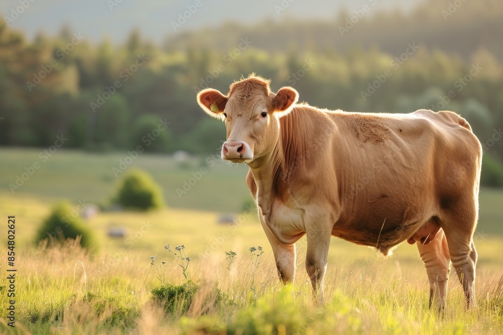 View from side body of a family Limousin Cow standing on grass, Awe-inspiring, Full body shot ::2 Side Angle View View from side body of a family Limousin Cow standing on grass, Awe-inspiring, Full body shot ::2 Side Angle View