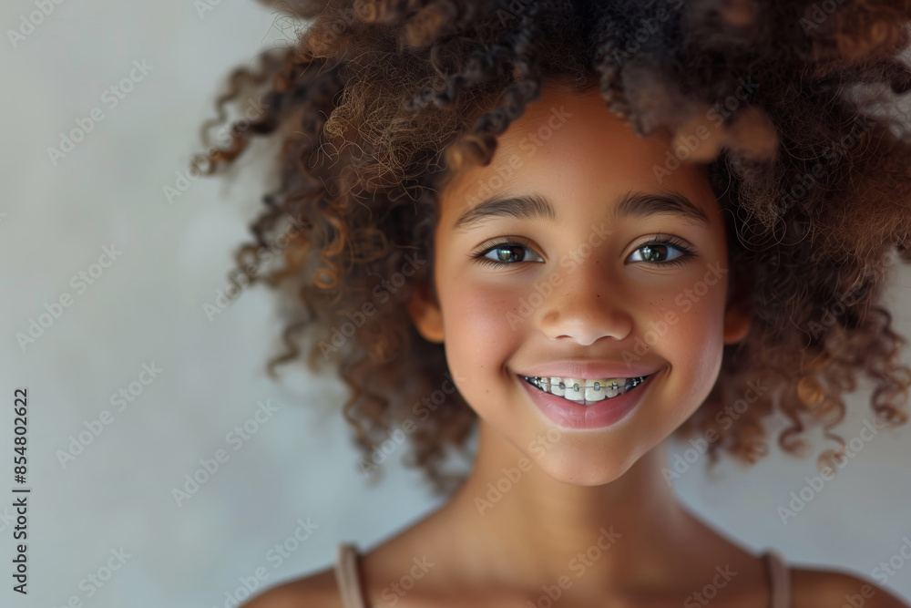 Close up portrait of African American young girl with braces smiling Close up portrait of African American young girl with braces smiling