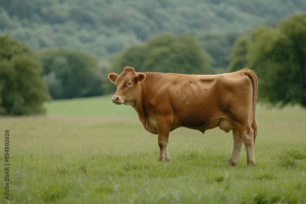 View from side body of a family Limousin Cow standing on grass, Awe-inspiring, Full body shot ::2 Side Angle View