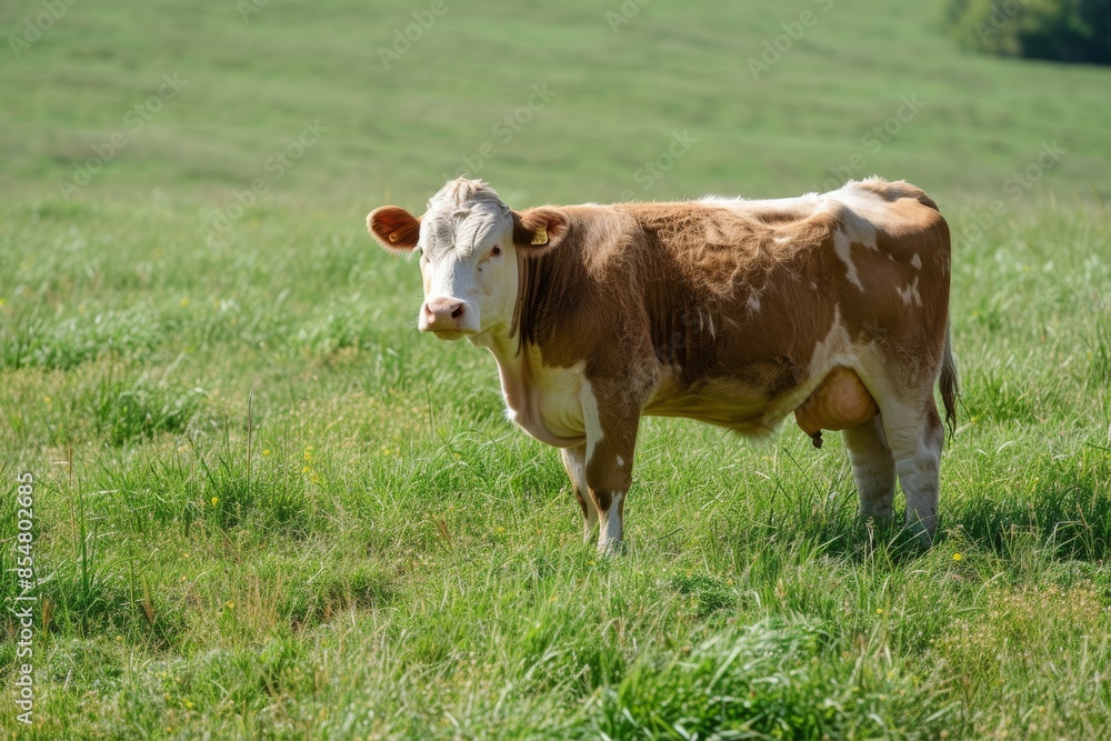 View from side body of a family Simmental Cow standing on grass, Awe-inspiring, Full body shot ::2 Side Angle View View from side body of a family Simmental Cow standing on grass, Awe-inspiring, Full body shot ::2 Side Angle View