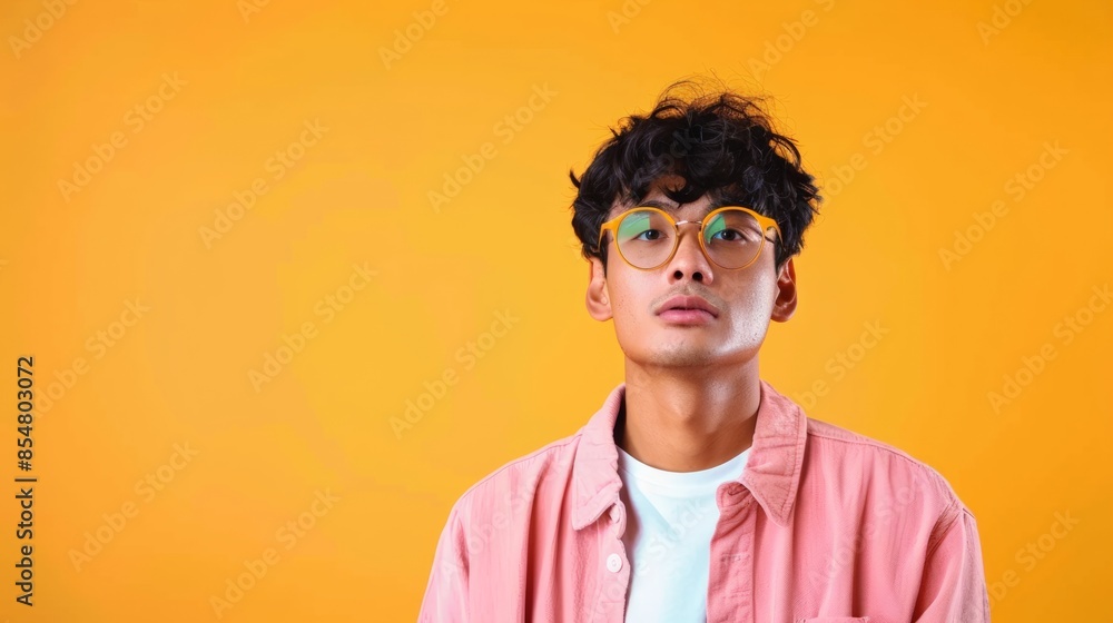 Young man with glasses in a casual pink shirt and white tee standing against a vibrant orange background, looking confidently. Young man with glasses in a casual pink shirt and white tee standing against a vibrant orange background, looking confidently.