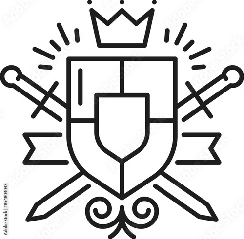 Medieval coat of arms line heraldry. Isolated vector outline heraldic symbol of royal family or knight with shield, flags crossed swords and crown, embodying lineage and achievements in ancient world