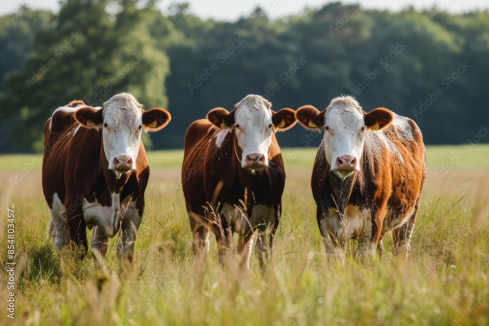 View from side body of a three Hereford Cow standing on grass, Awe-inspiring, Full body shot ::2 low Angle View View from side body of a three Hereford Cow standing on grass, Awe-inspiring, Full body shot ::2 low Angle View