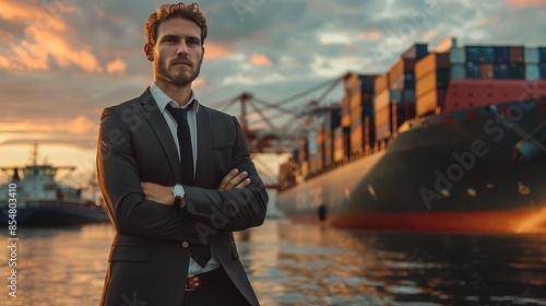 Confident businessman standing in front of a cargo ship at sunset, arms crossed, looking determined. photo