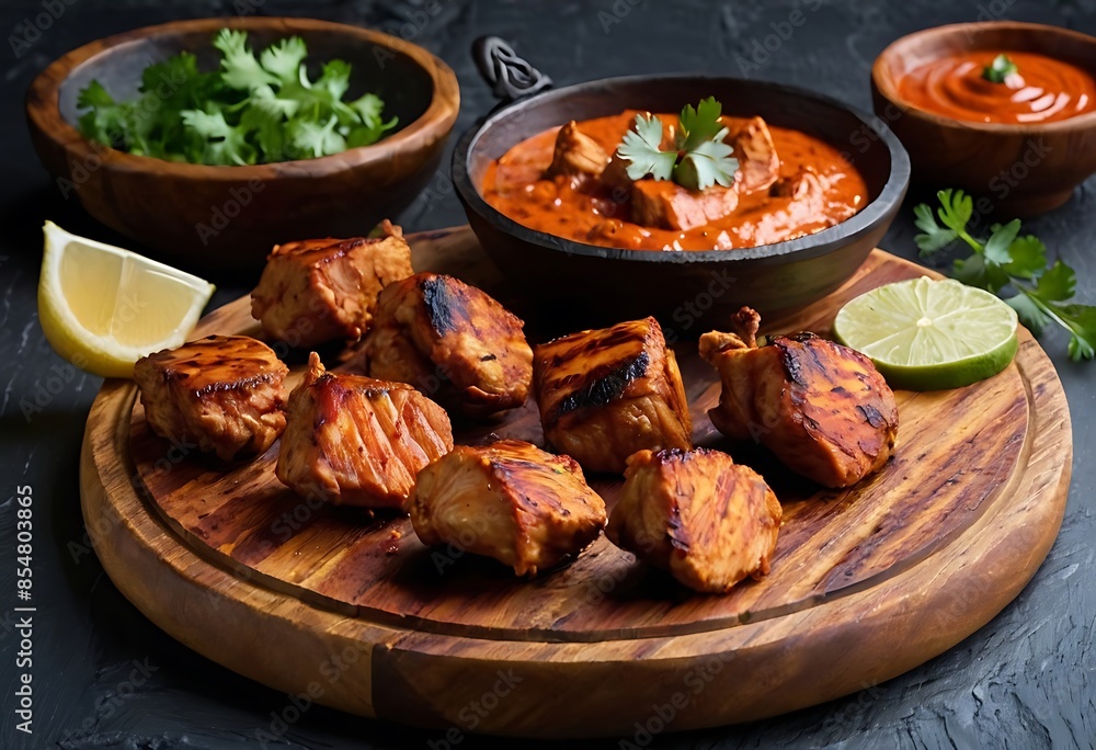 Chicken tikka kebabs, marinated in spices and yogurt then roasted in tandoor or barbeque Chicken tikka kebabs, marinated in spices and yogurt then roasted in tandoor or barbeque