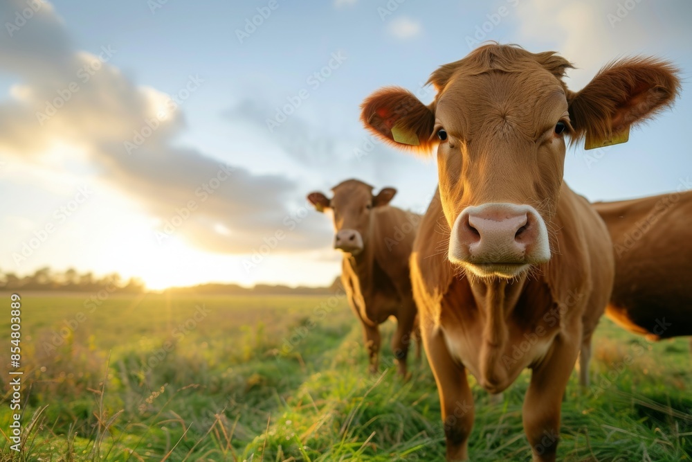 View from side body of a three Limousin Cow standing on grass, Awe-inspiring, Full body shot ::2 low Angle View View from side body of a three Limousin Cow standing on grass, Awe-inspiring, Full body shot ::2 low Angle View