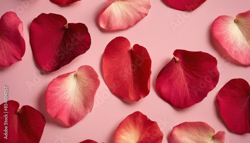 A close-up shot of rose petals scattered on a pink background