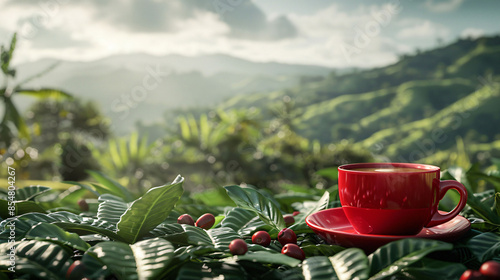 A red cup of coffee takes center stage amidst a panoramic coffee plantation and towering mountains. Ultra-realistic worm's eye perspective. #coffee #plantation #mountains #ultrarealistic #wormseyeview photo