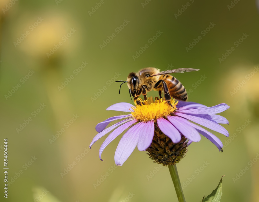 A honeybee gathers nectar from a purple flower in a lush garden setting