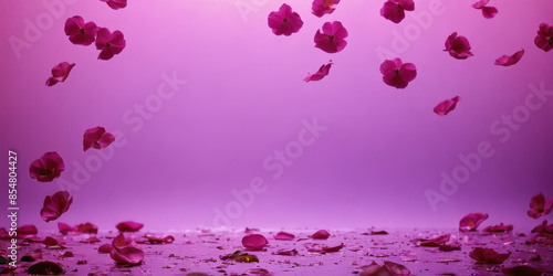 A photo of pink flower petals falling on a purple background