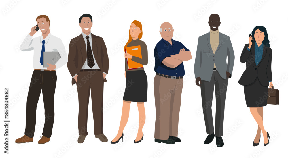 illustration représentant une équipe au travail, des personnages de races différentes, d'âges différents, hommes ou femmes d'affaires, employés dans des entreprises, patrons et businessman illustration représentant une équipe au travail, des personnages de races différentes, d'âges différents, hommes ou femmes d'affaires, employés dans des entreprises, patrons et businessman