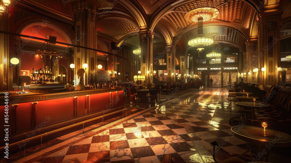 Obraz premium A dimly lit, grand bar with a checkered floor, ornate gold detailing, and a polished wooden bar