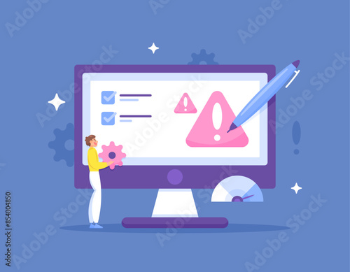 risk register concept. documents used for risk management. data and information. illustration of man with computer monitor displaying company risk list. illustration concept design. graphic elements