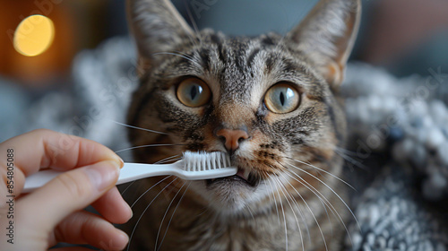 Hands brushing cats teeth