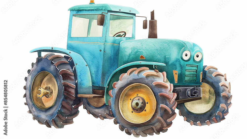 Tractor on a white background, children's drawing with watercolor paints